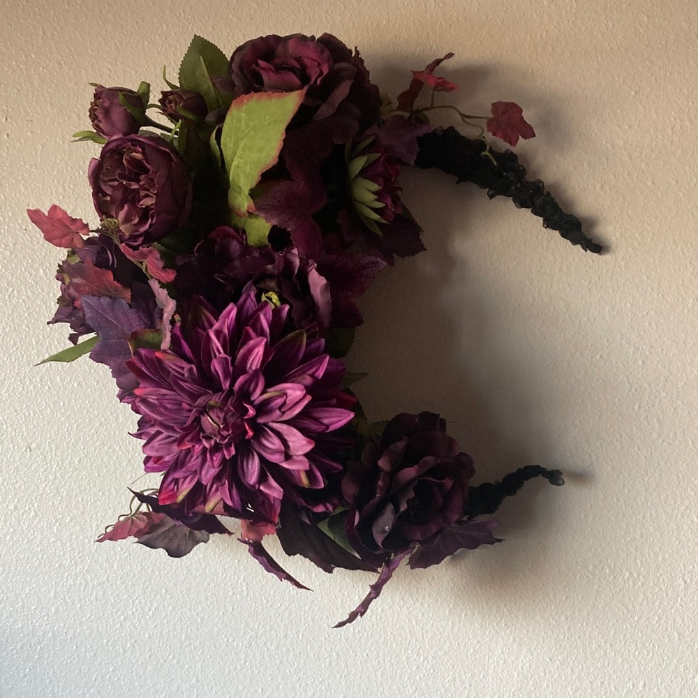 Purple floral crescent moon wreath